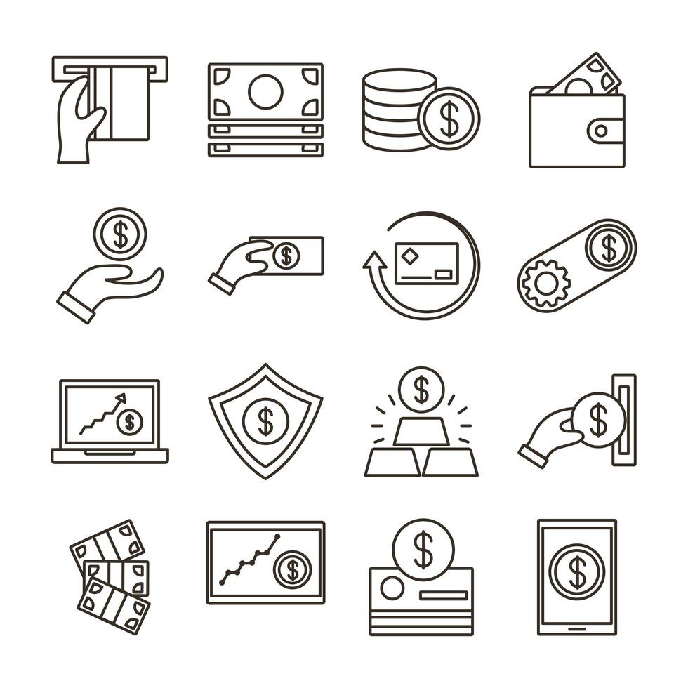 bundle of money currency set icons vector