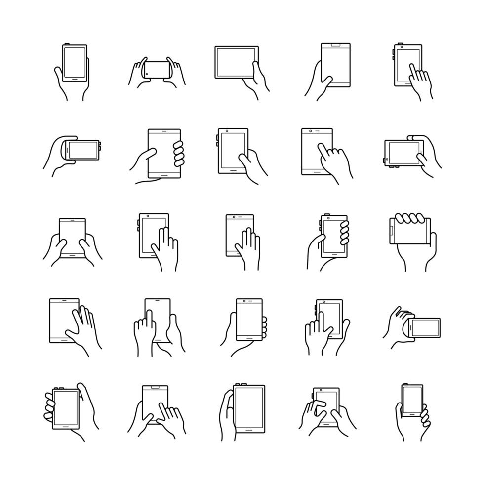 bundle of hands and smartphones set icons vector