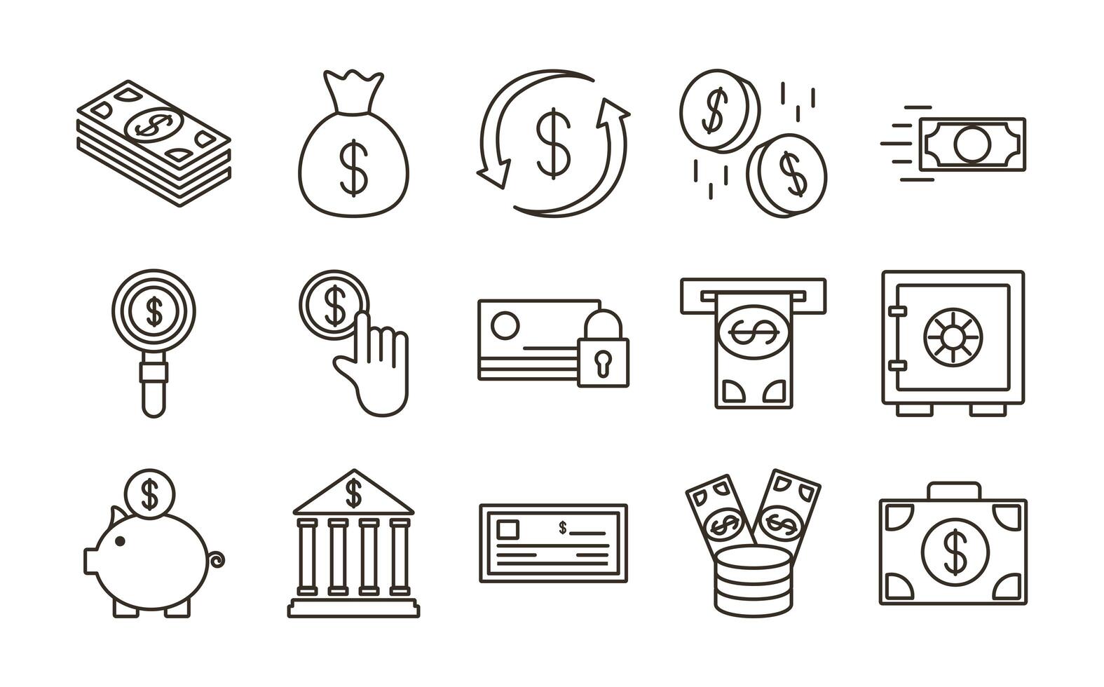 bundle of money currency set icons vector