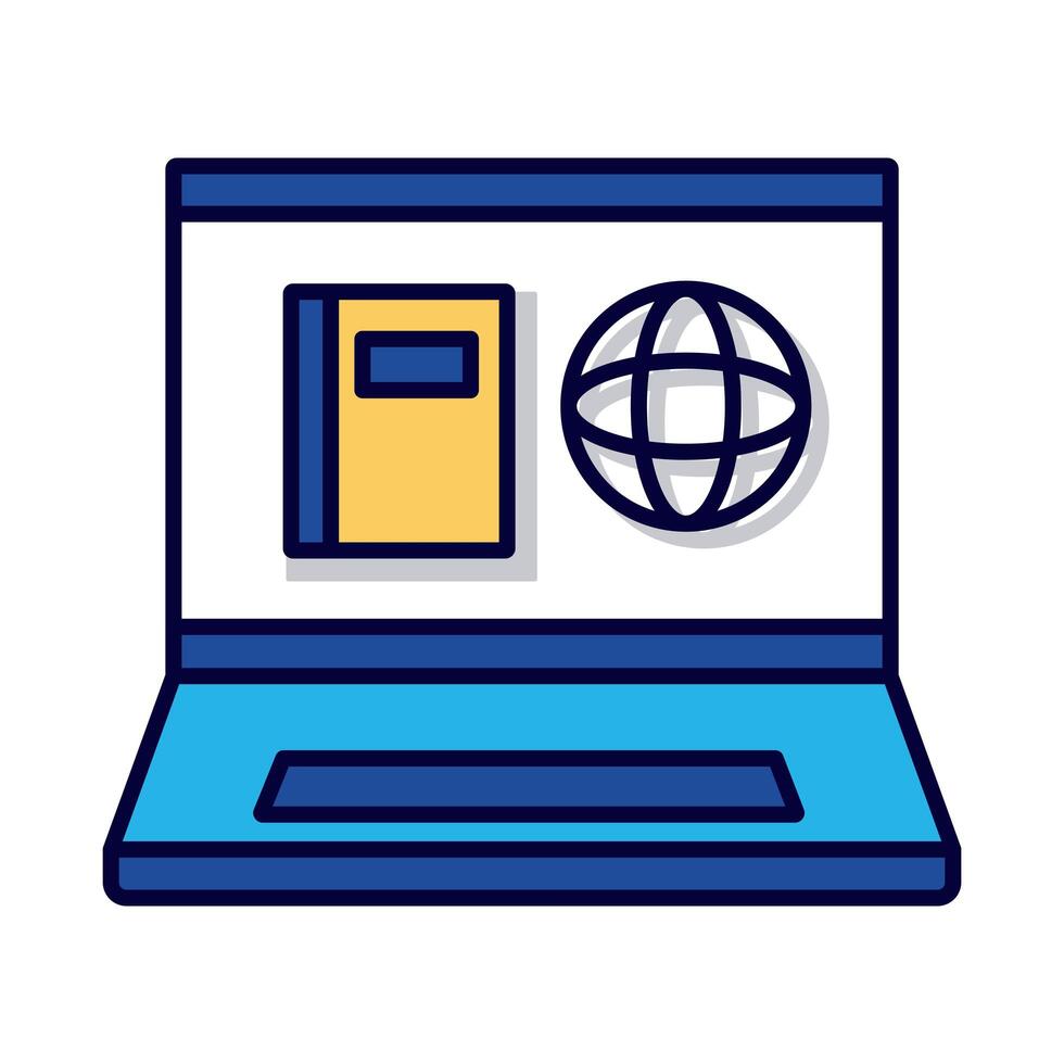 sphere browser in book with laptop line and fill style icon vector