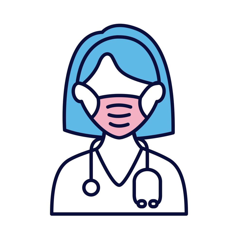 female doctor wearing medical mask with stethoscope line and fill style icon vector