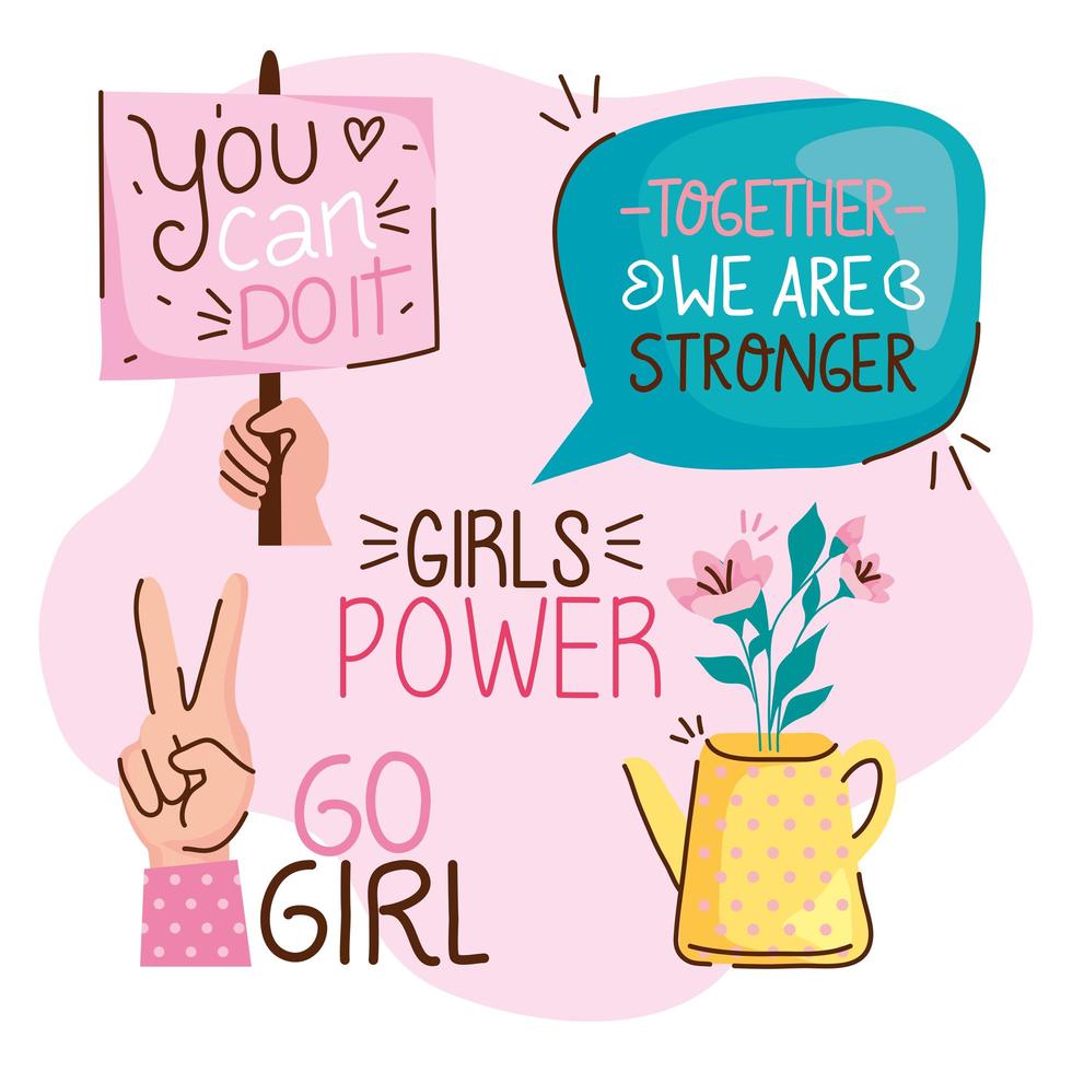 bundle of girl power letterings and icons vector