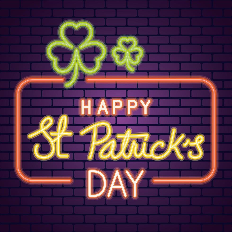 saint patricks day neon light with clovers in wall vector
