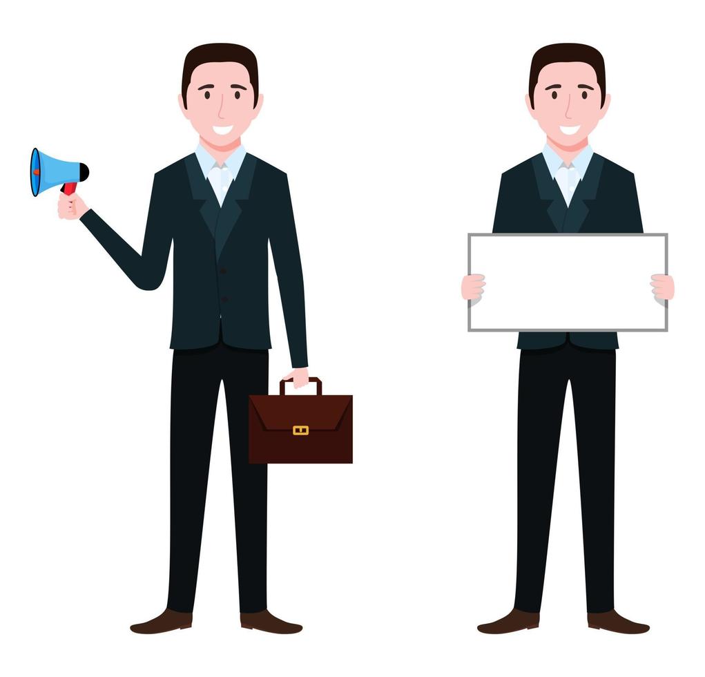 Businessman characters wearing business outfit standing with blank presentation board and blank placard bag mic holding vector