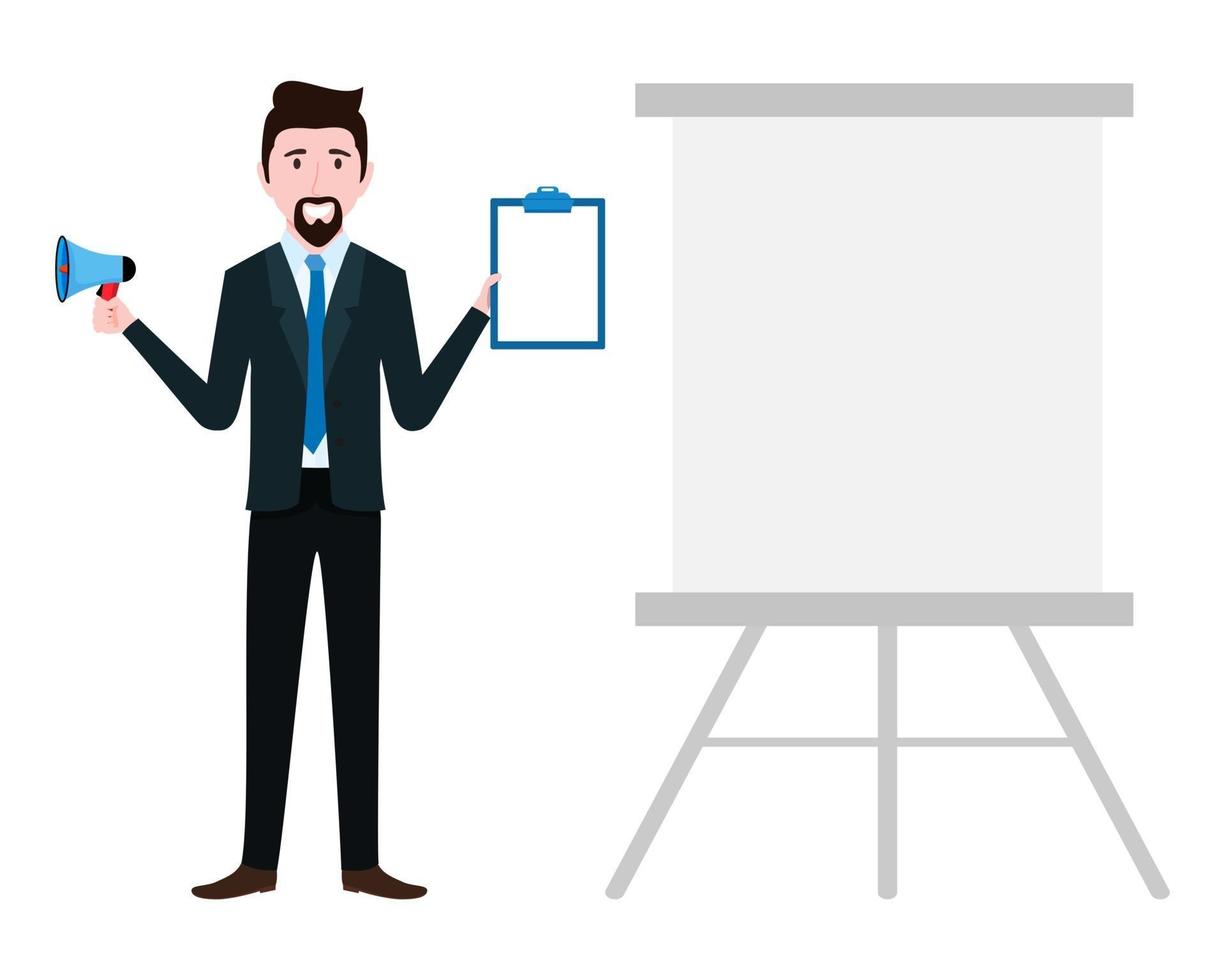 Businessman characters wearing business outfit standing with blank presentation board clipboard mic isolated vector