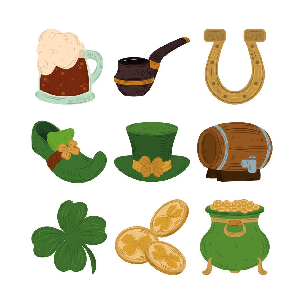 feliz dia de san patricio cerveza pipa herradura barril zapato sombrero caldero trébol y monedas icono vector plano