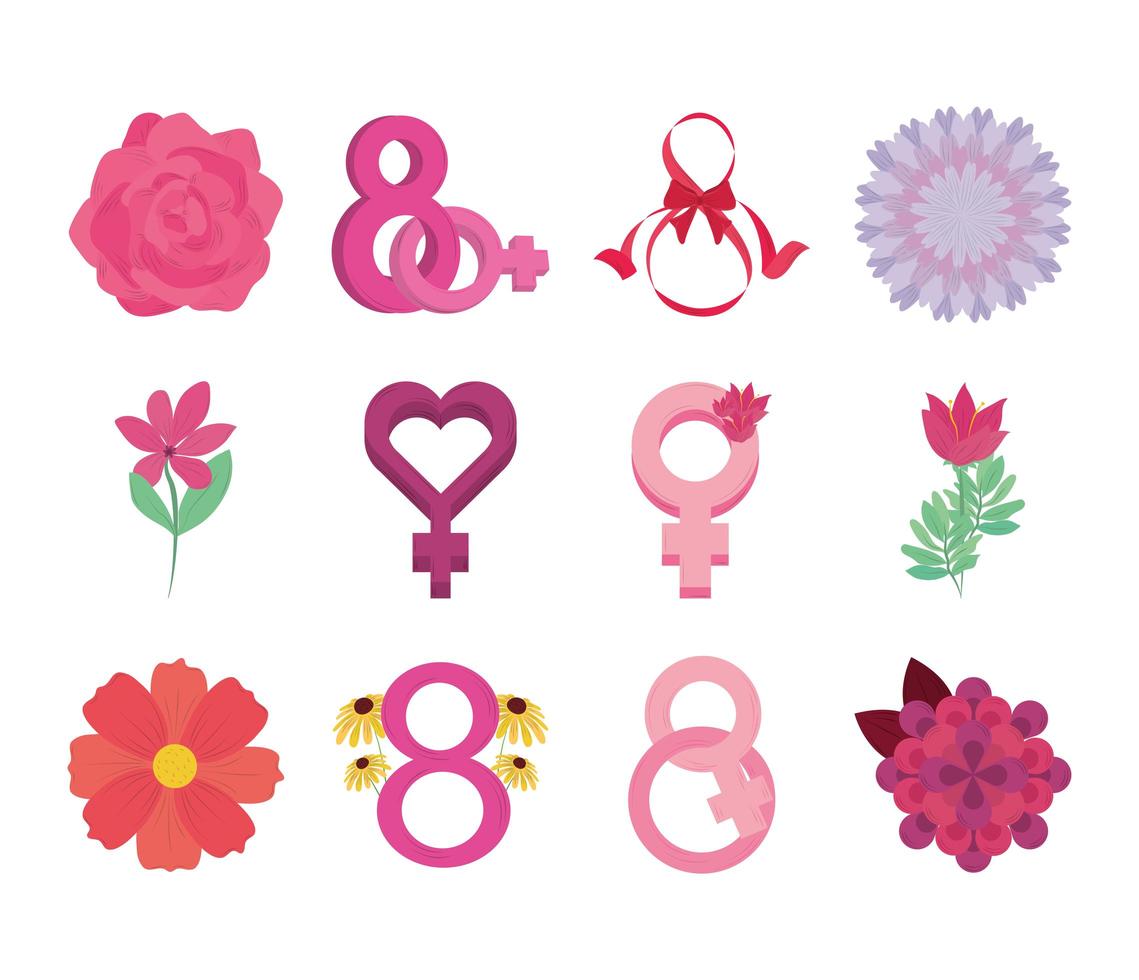 día de la mujer movimiento internacional ocho de marzo flores iconos  conjunto vector 2718210 Vector en Vecteezy