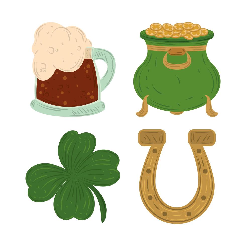 happy st patricks day cauldron with coins horseshoe clover and beer icon flat vector