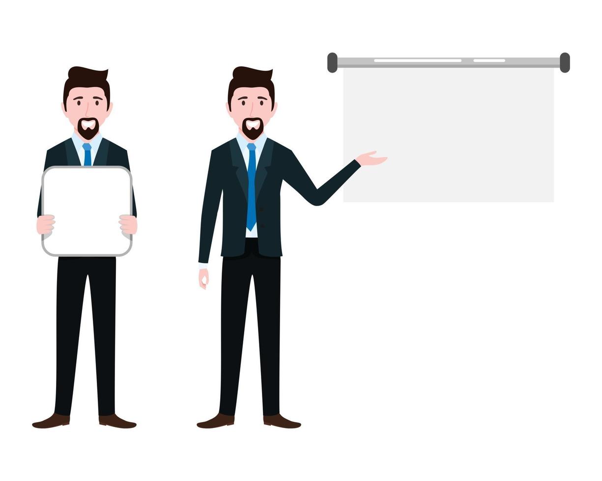Businessman characters wearing business outfit standing with blank presentation board and blank placard pointing vector