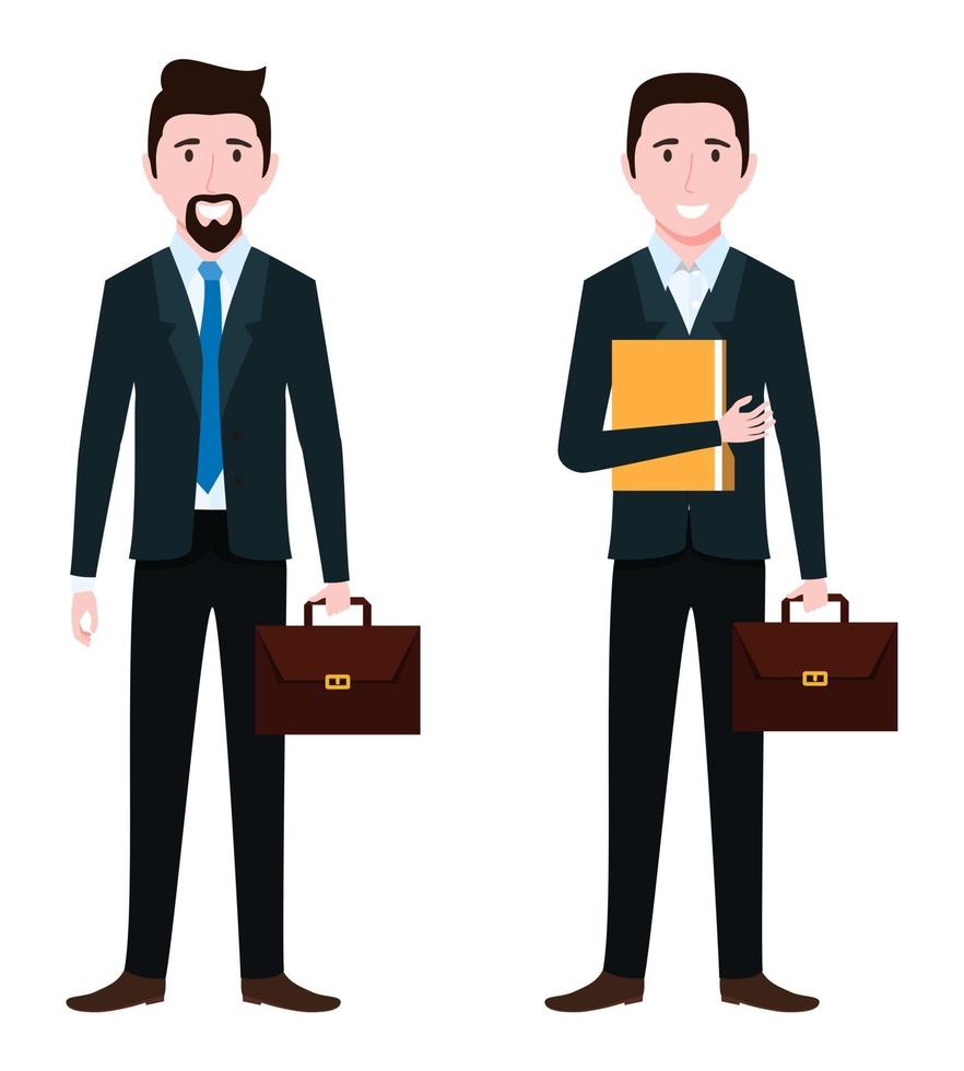 equipo de personajes de empresario vistiendo traje de negocios de pie con archivos de bolsa vector