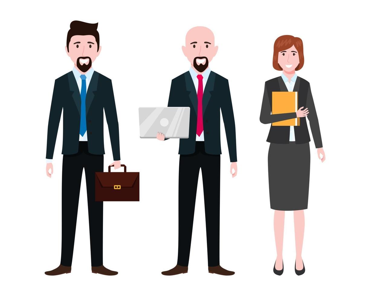 Equipo de personajes de empresario y empresaria vistiendo traje de negocios de pie con archivo de bolsa de portátiles aislado vector