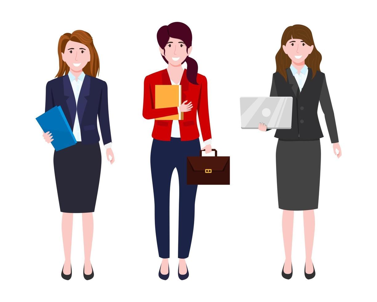 Personajes de empresaria vistiendo traje de negocios de pie con archivo de bolsa de portátiles aislado con expresión alegre vector