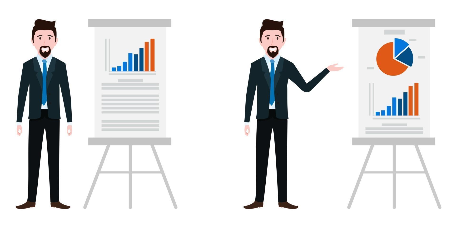 Businessman characters wearing business outfit standing with sales presentation board with graph chart and pointing vector