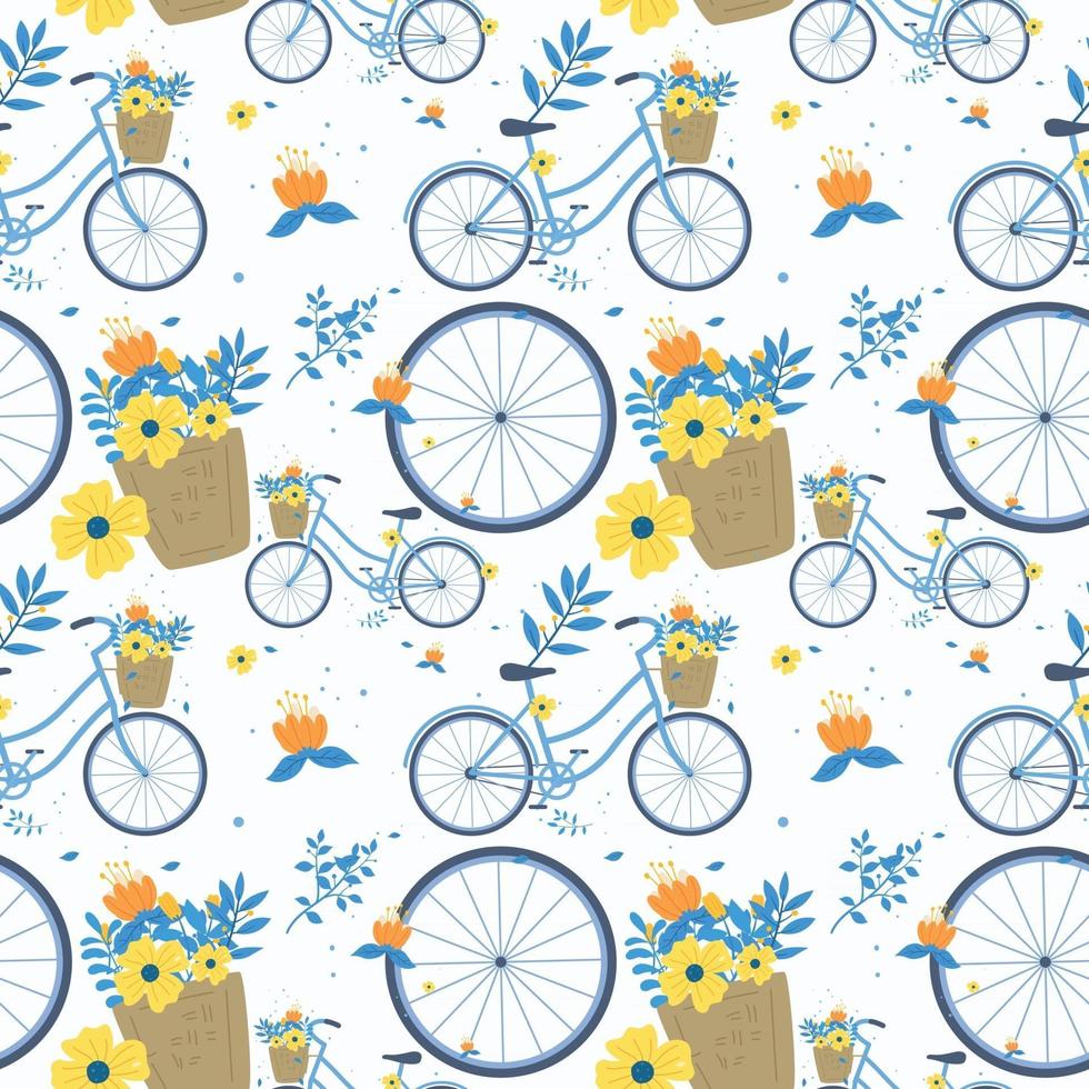 Bicicleta o bicicleta con flores y balde de patrones sin fisuras dibujados a mano vector
