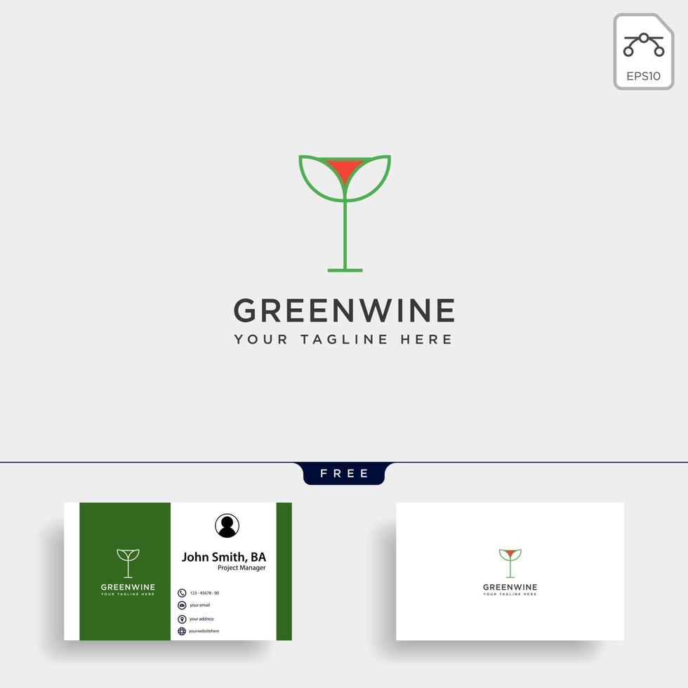 Elemento de icono de ilustración de vector de plantilla de logotipo simple línea de copa de vino de hoja verde aislado con tarjeta de visita