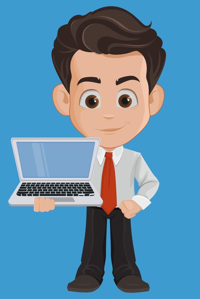 Funny businessman cartoon character holding laptop vector