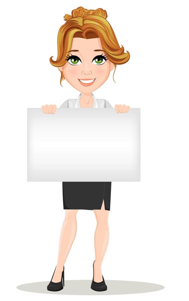 Beautiful businesswoman cartoon character holds blank banner vector