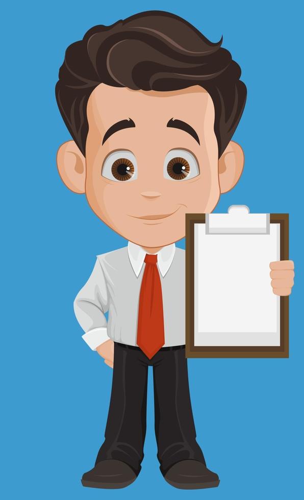 Funny businessman cartoon character holding blank clipboard vector