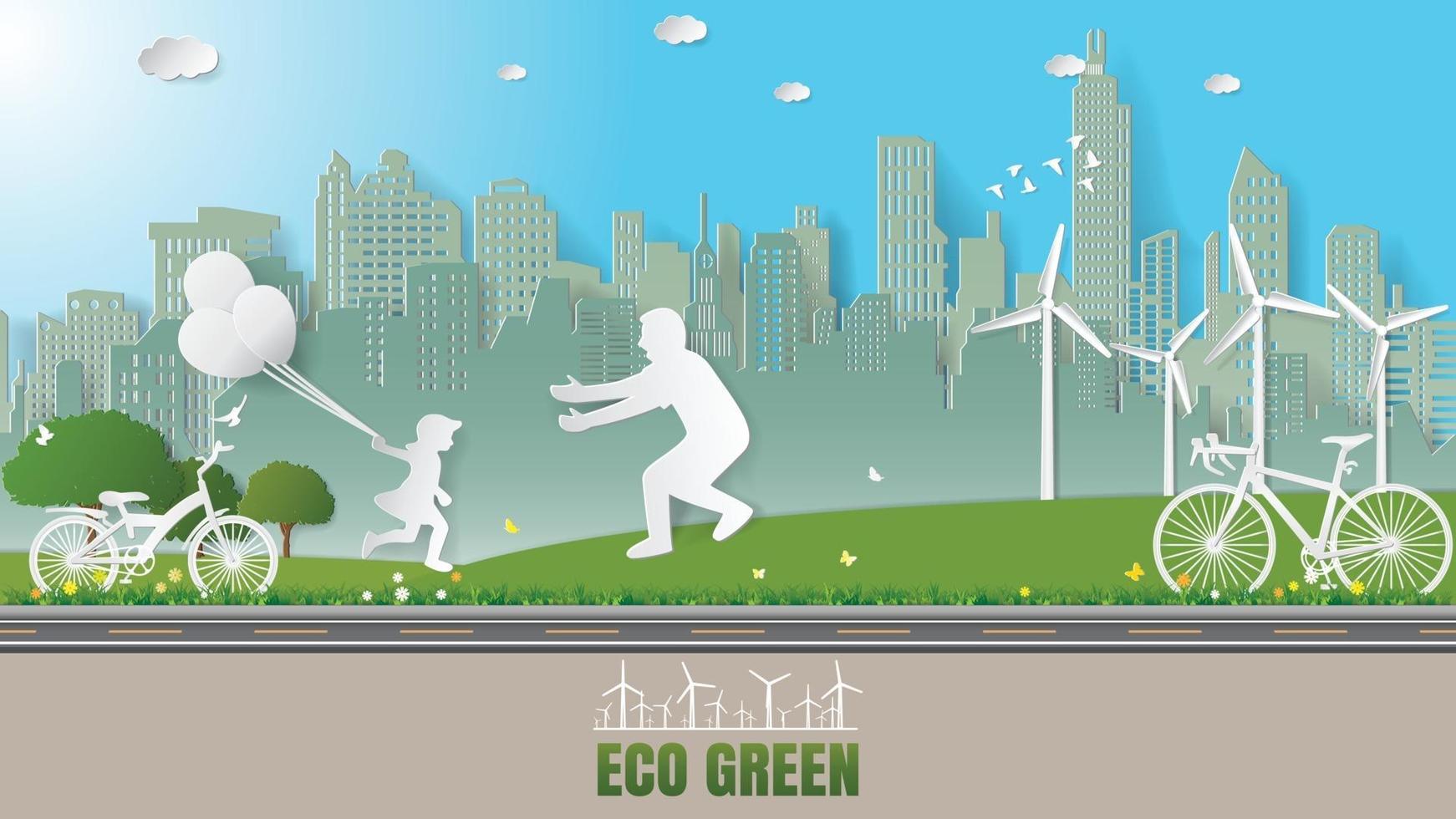 Green renewable energy ecology technology power saving environmentally friendly concepts daughter running to father in meadow which full of wind turbine vector