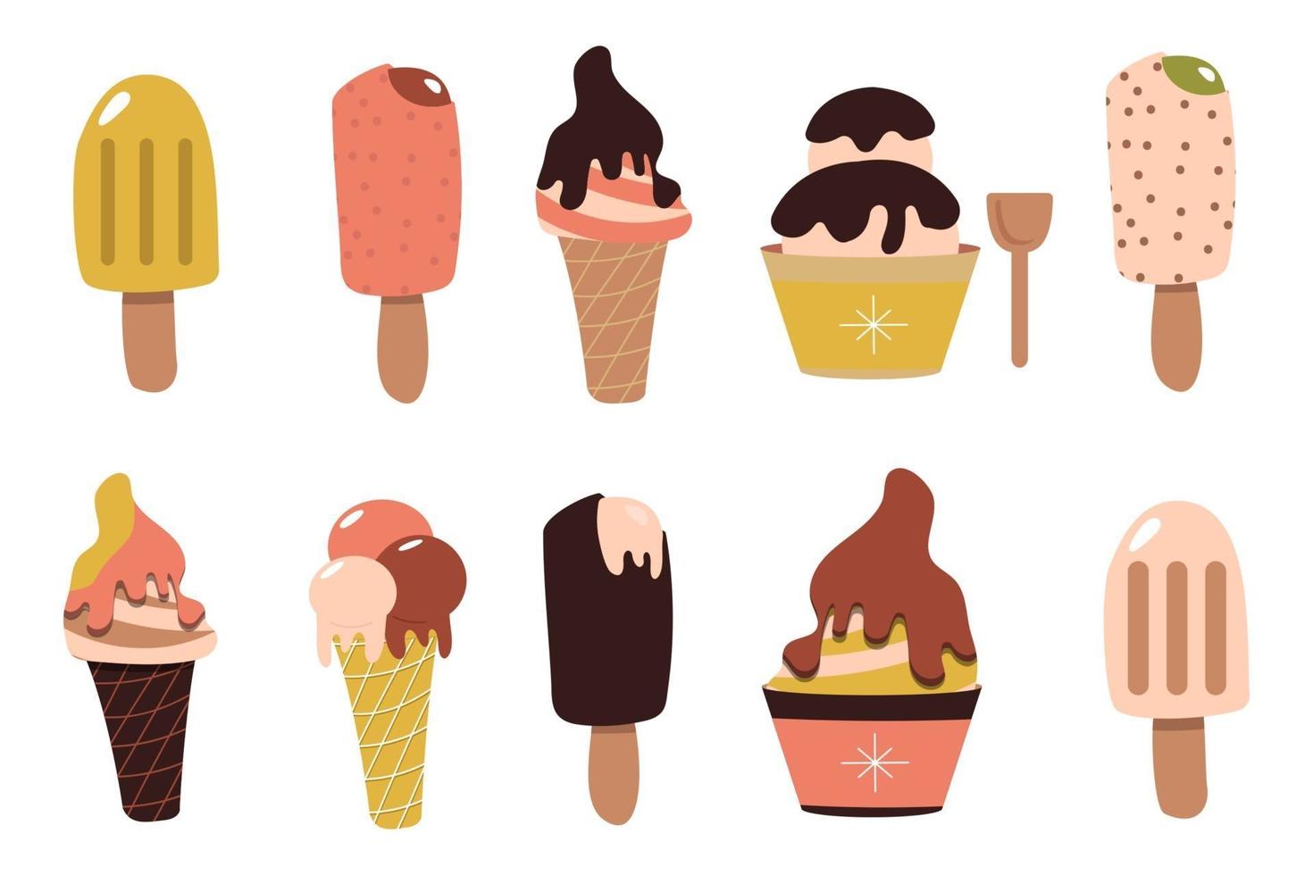 Ice cream set Sundae in chocolate on a stick Ice cream cone in a waffle Frozen dessert Sweet food vector