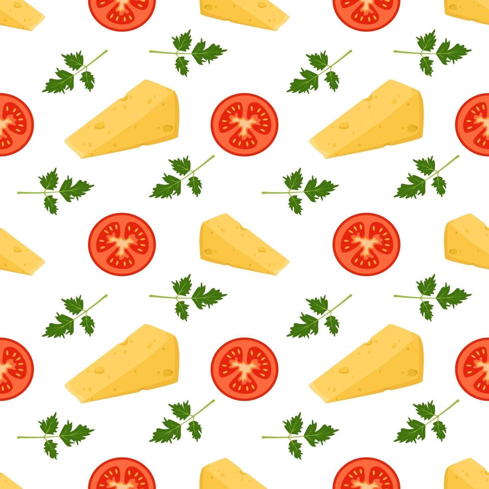 Seamless pattern with cheese tomatoes and parsley Cute print for pizza menus cafes and restaurants Delicious organic farm products vector