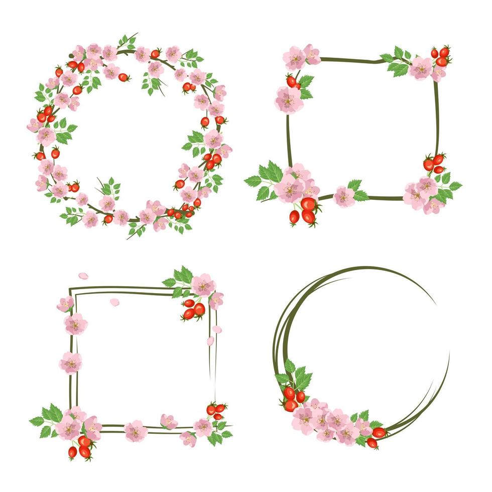 Set of rose hip wreath Round and square frame cute pink and flowers and fruits Festive decorations for wedding holiday postcard poster and design vector