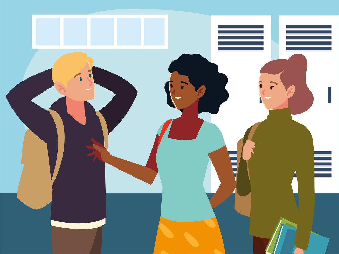 group of students talking college hall cartoon vector