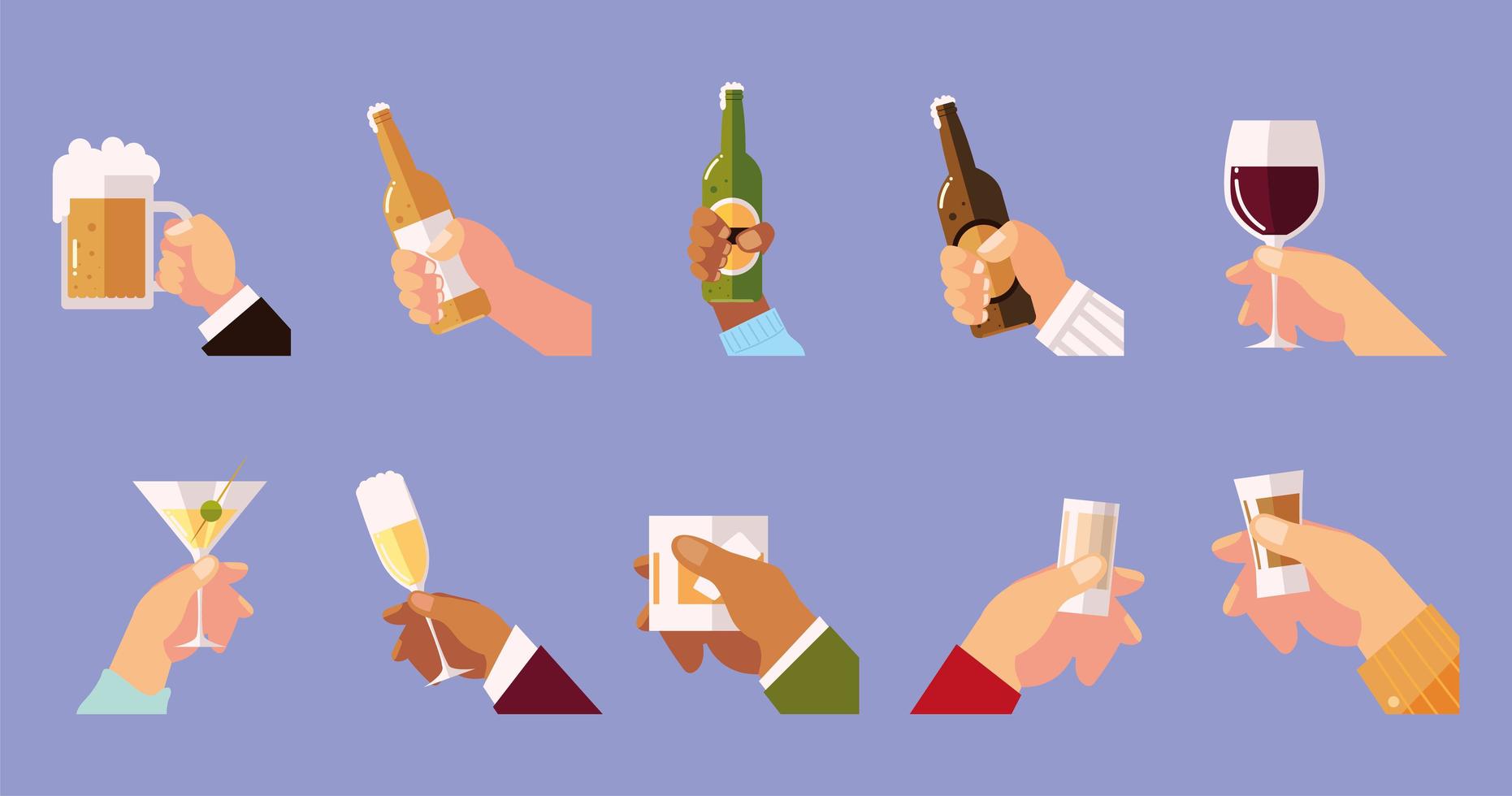 hands holds glasses cup bottles drinks cheers vector