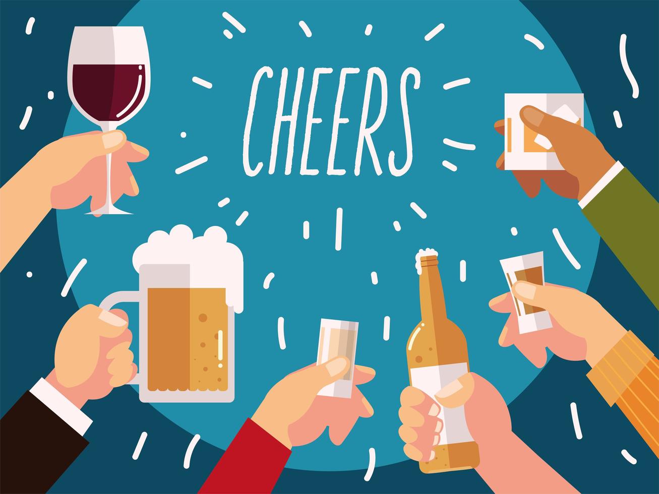 cheers hands with beer wine cocktails and bottles drinks vector