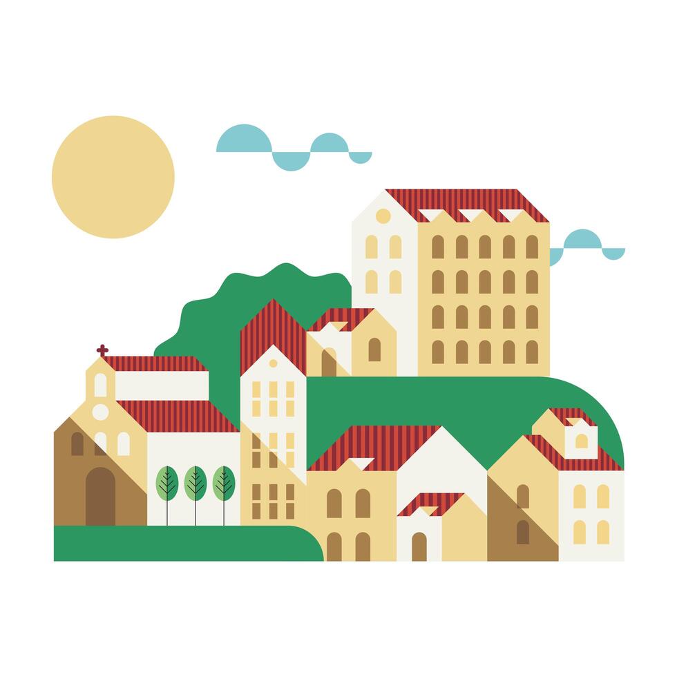 buildings and sun minimal city scape scene vector
