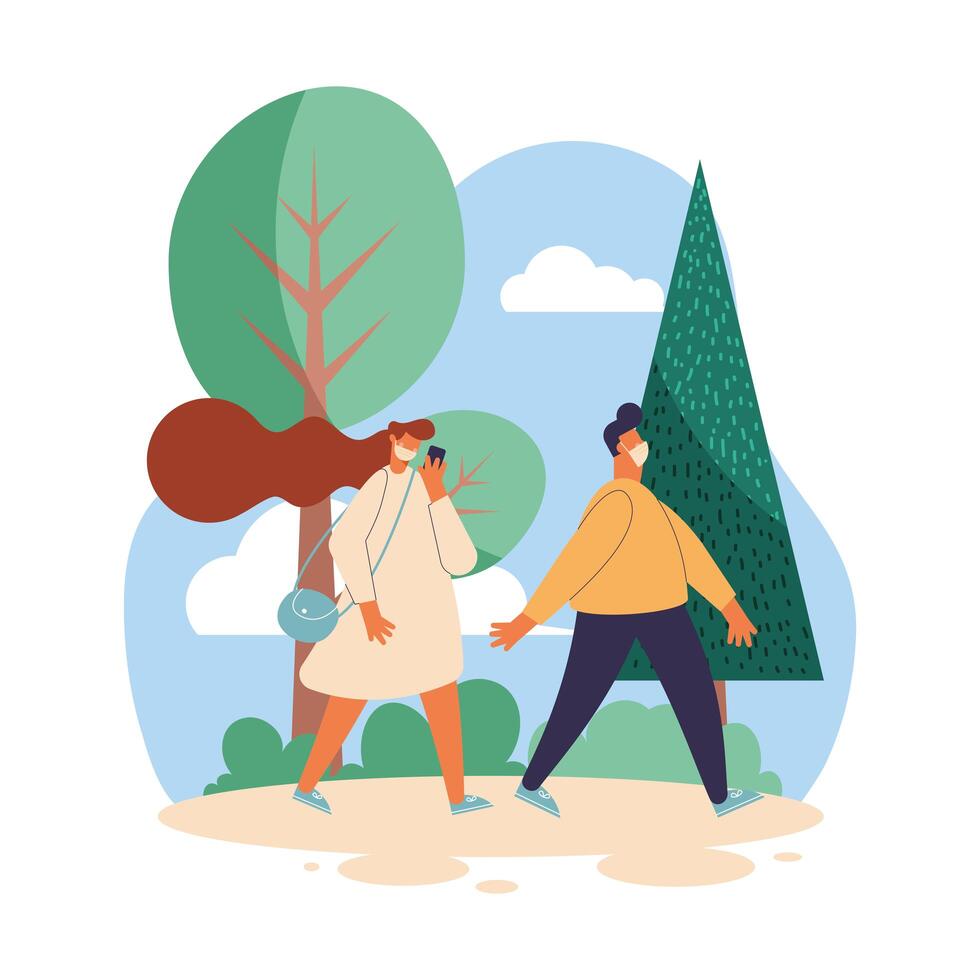 couple wearing masks vector