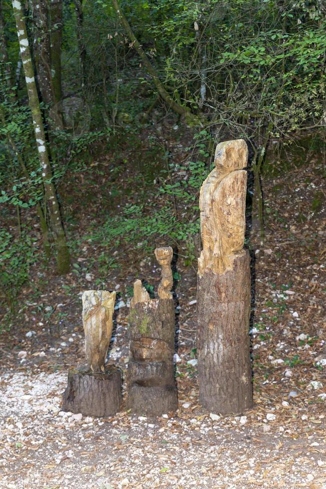 totem in inlaid wood positioned in the woods photo