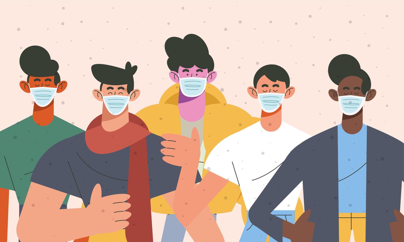 young five boys wearing medical masks vector