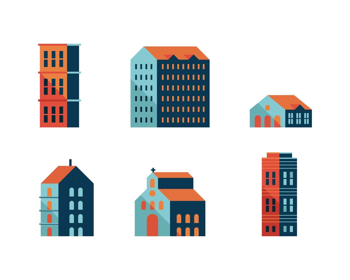 bundle of six buildings blue minimal city set icons vector