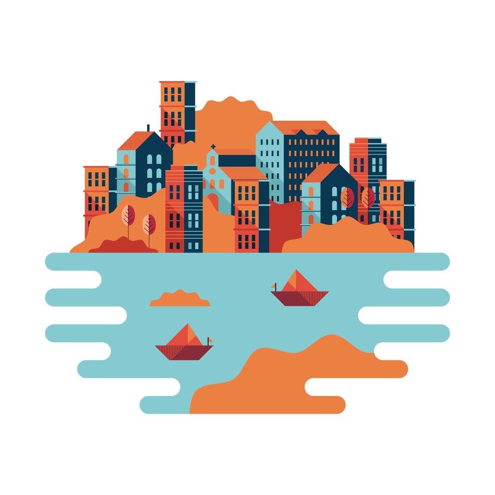buildings and sailboats in sea minimal city scape scene vector
