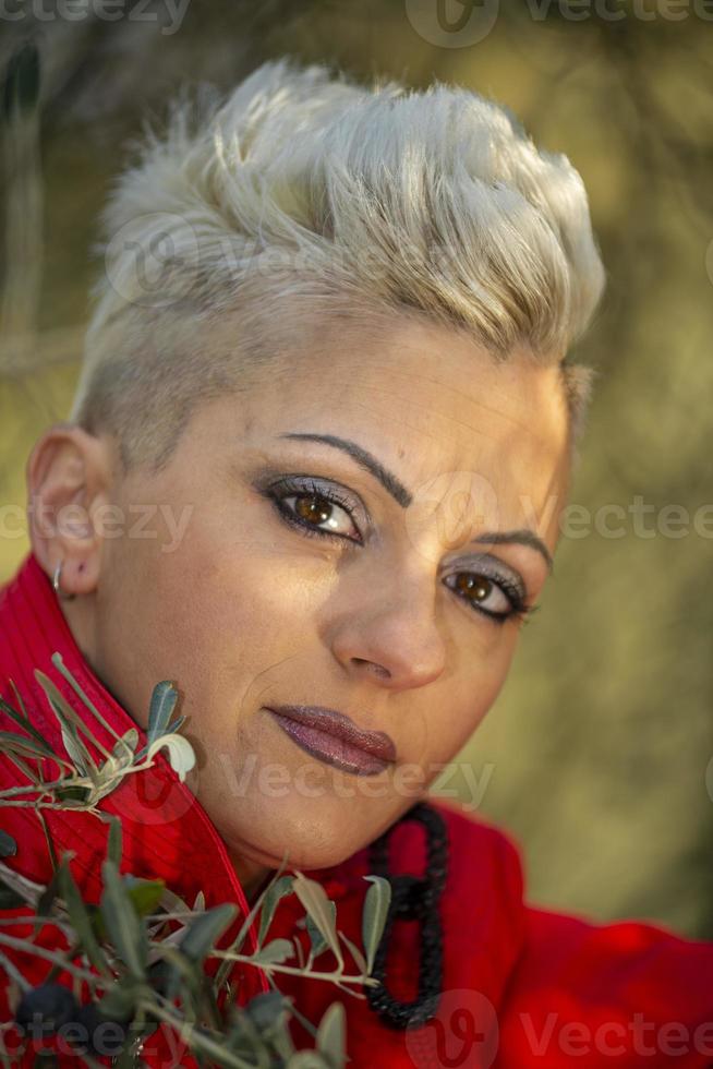 portrait short hair blonde girl among the nature photo