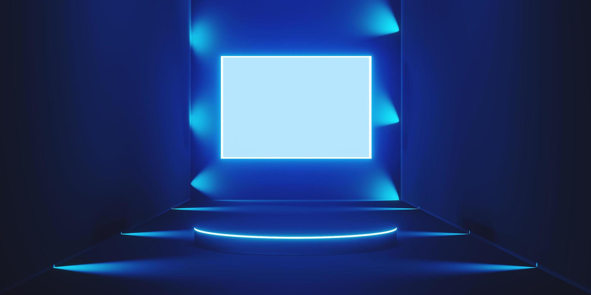 Abstract neon blue background pedestal, stand podium in the room with spotlight blue color dark blue photo