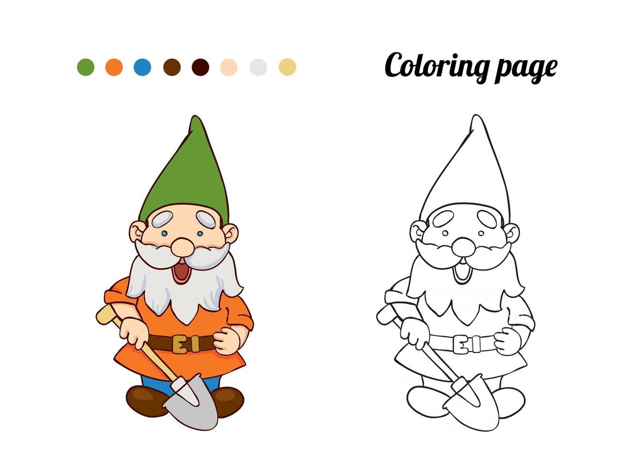 Ilustración de lindo gnomo de jardín con una pala. Página para colorear o libro para bebé. vector