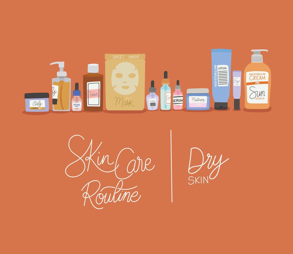 skin care routine and dry skin lettering vector illustration design