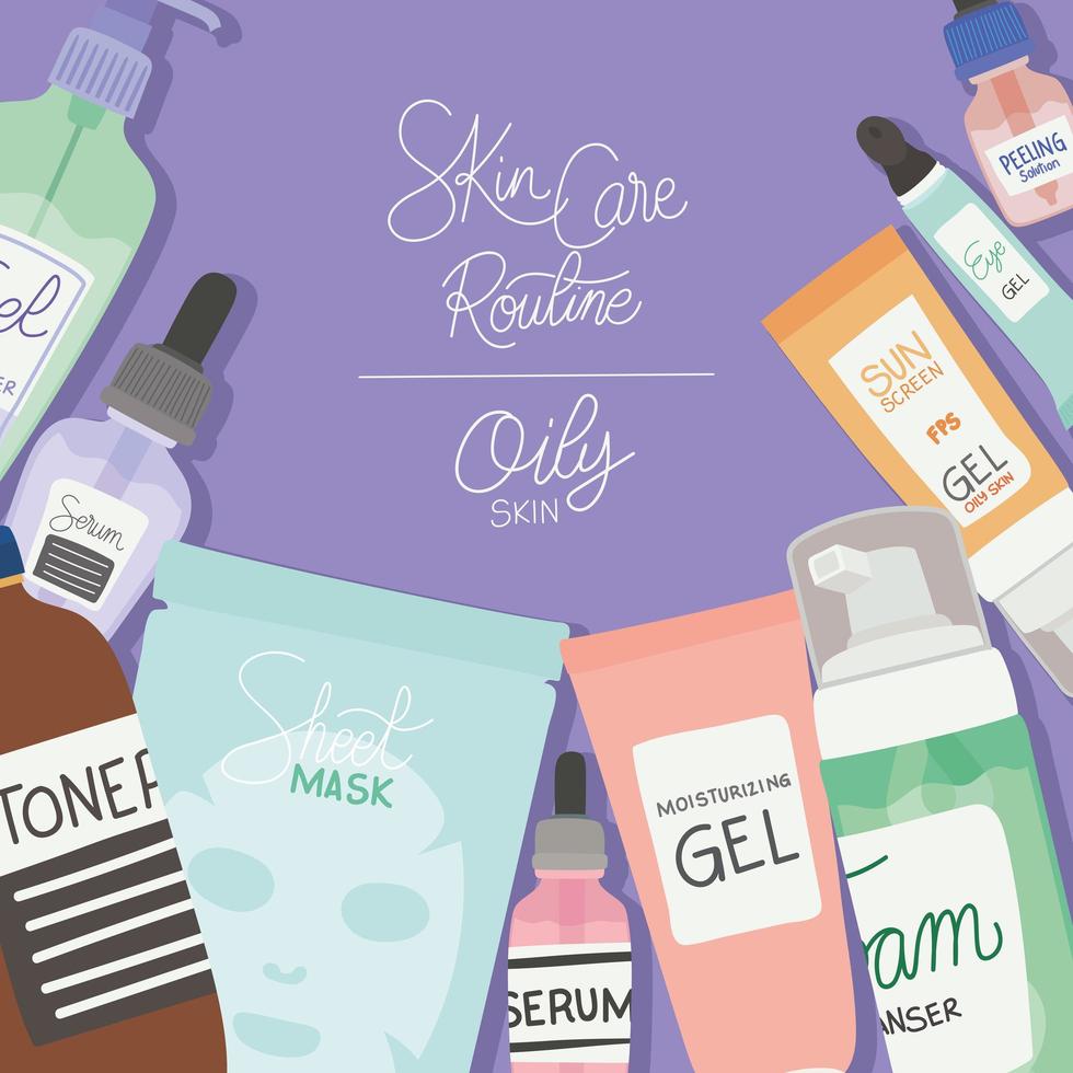 set of skin care icons ,skin care routine and oily skin lettering on a purple background vector illustration design