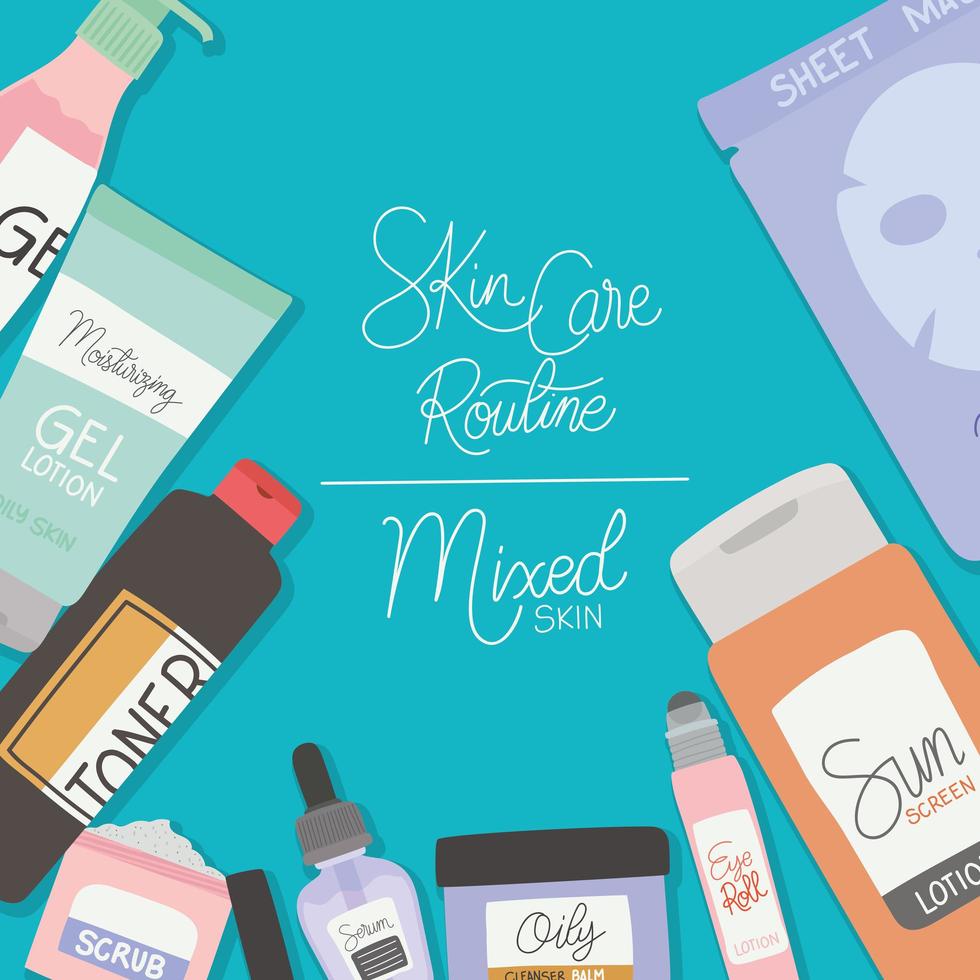 skin care routine and lettering on a light blue vector illustration design
