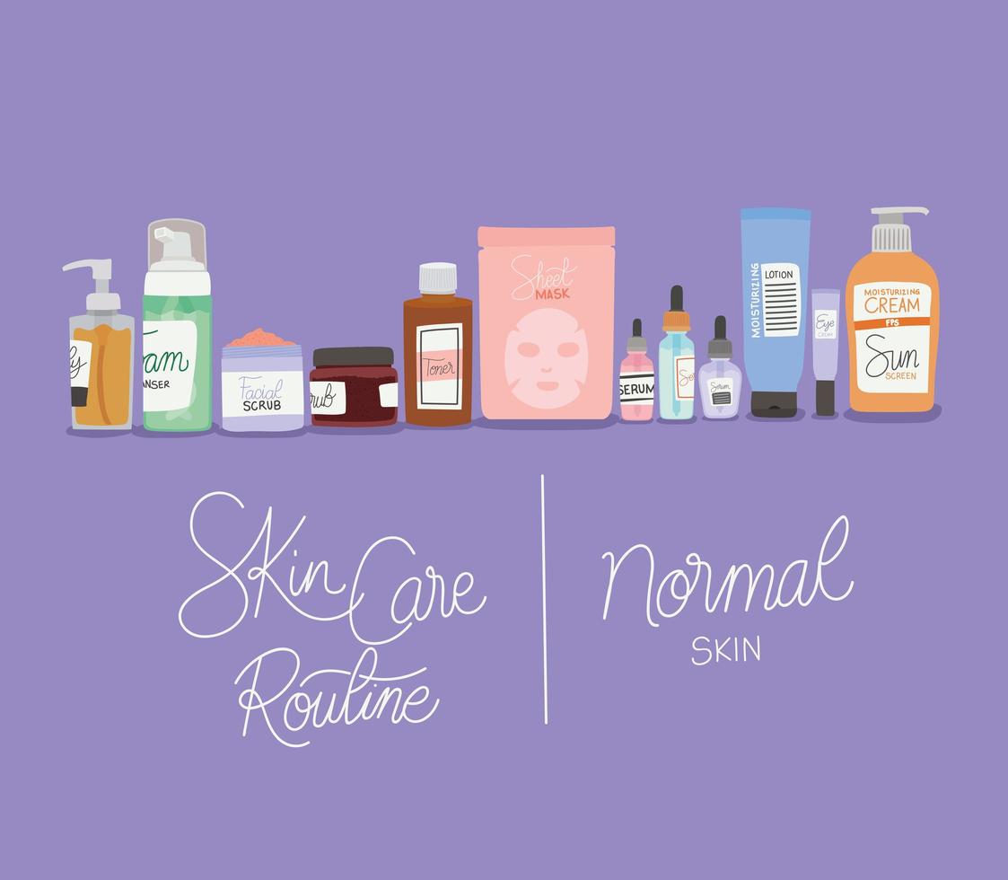 skin care routine and normal skin lettering vector illustration design