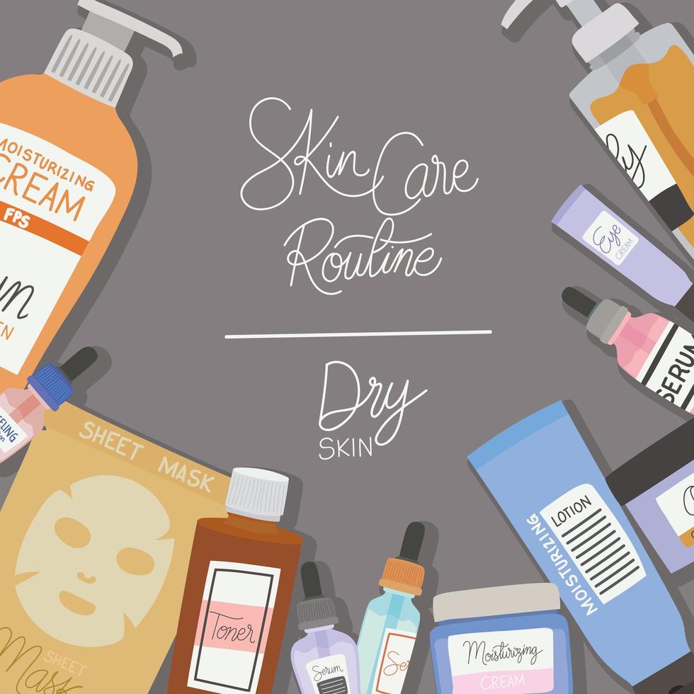 skin care routine and dry skin lettering on a gray background vector illustration design