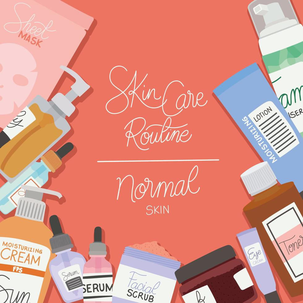 skin care routine and normal skin lettering on a red background vector illustration design