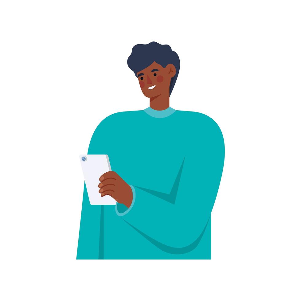 smiling adult black man working with smartphone vector