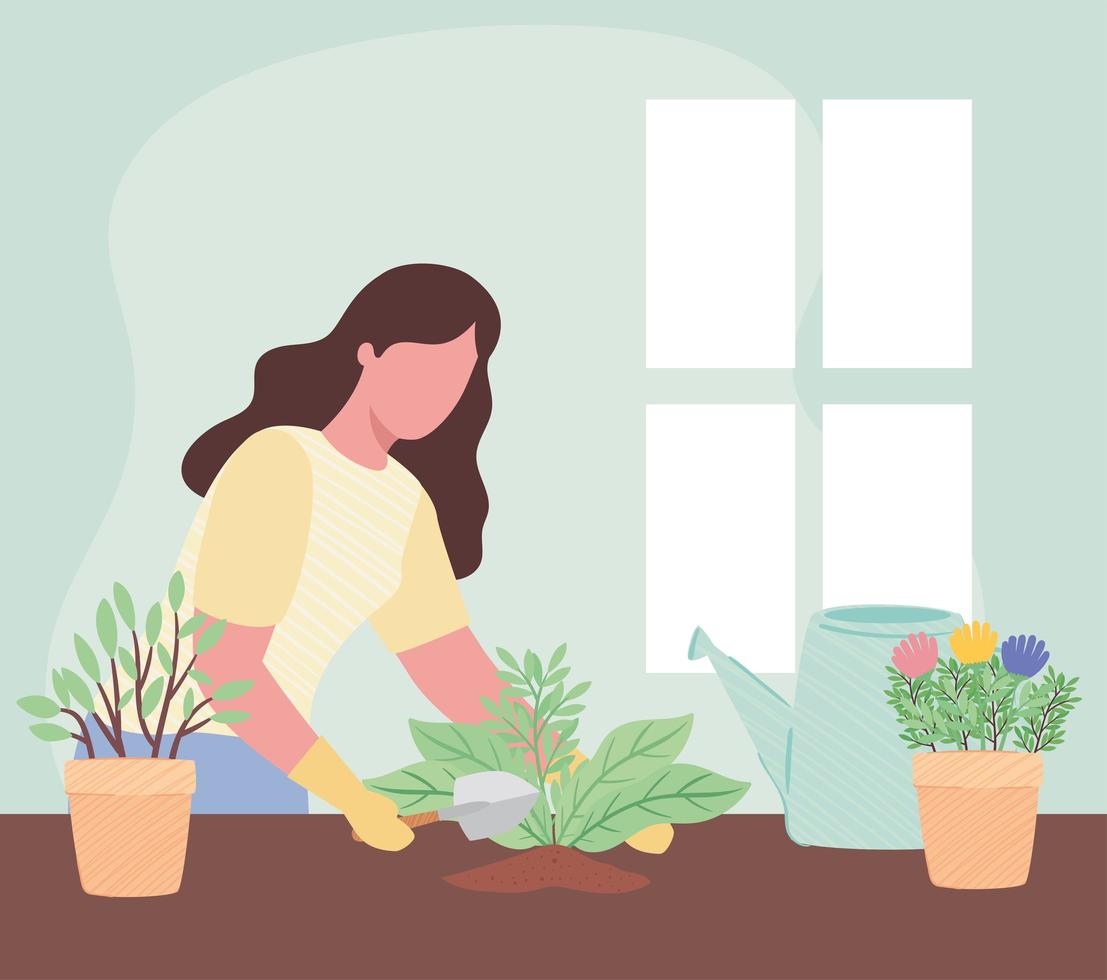 woman with spatula and houseplants gardening activity vector illustration design