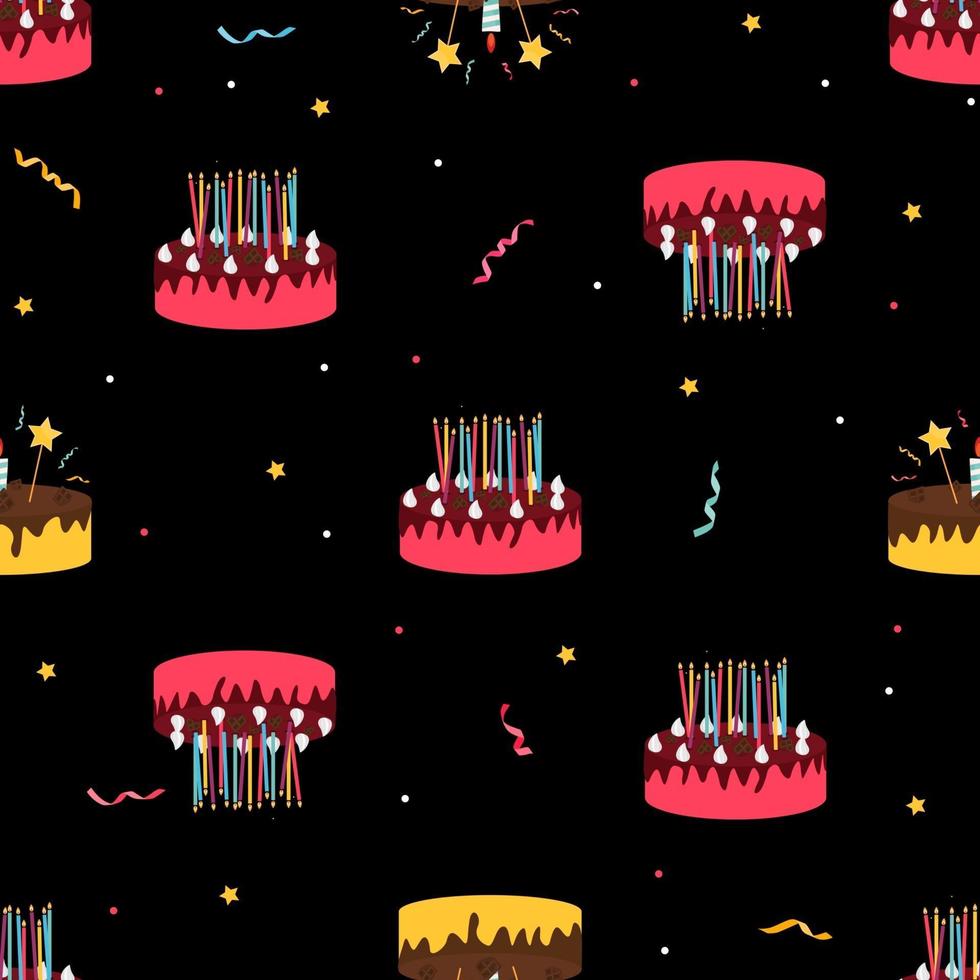 Cute Birthday Seamless Pattern Background with Cake, Candles. Design Element for Party Invitation, Congratulation. Vector Illustration EPS10