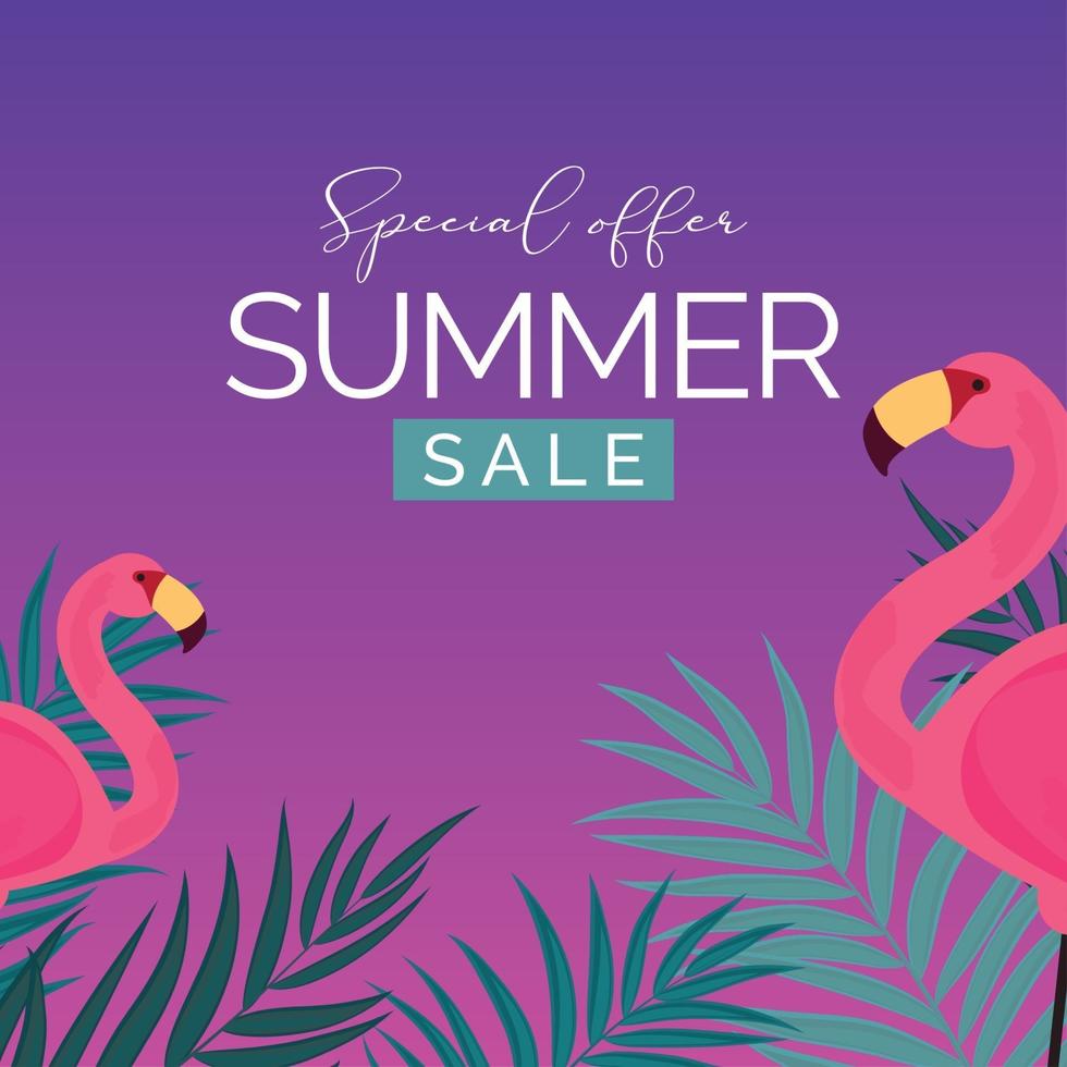 Fondo abstracto de venta de verano con hojas de palmera y flamingo. ilustración vectorial vector