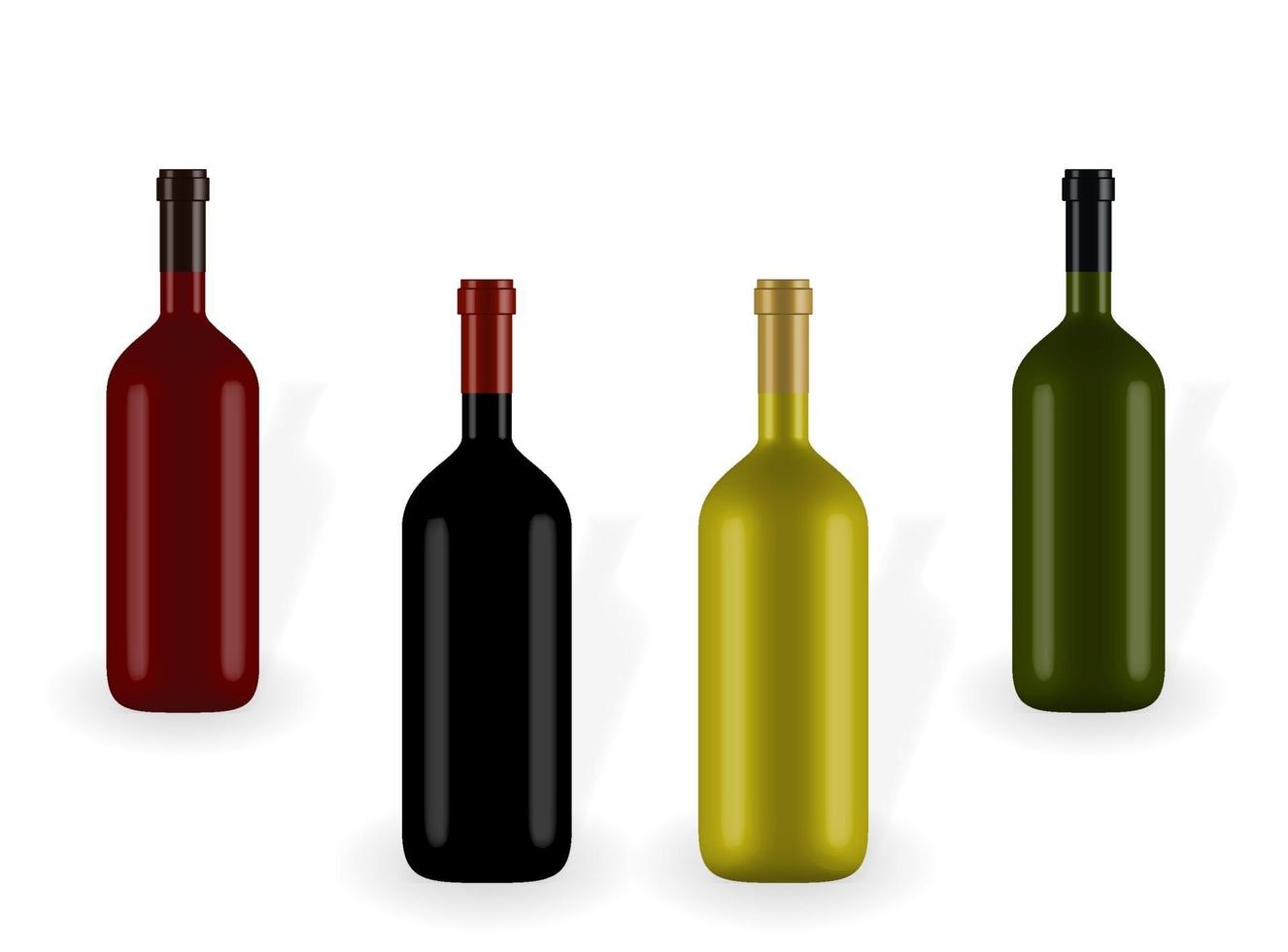 Colorful naturalistic closed 3D wine bottle of different colors without label. Vector Illustration