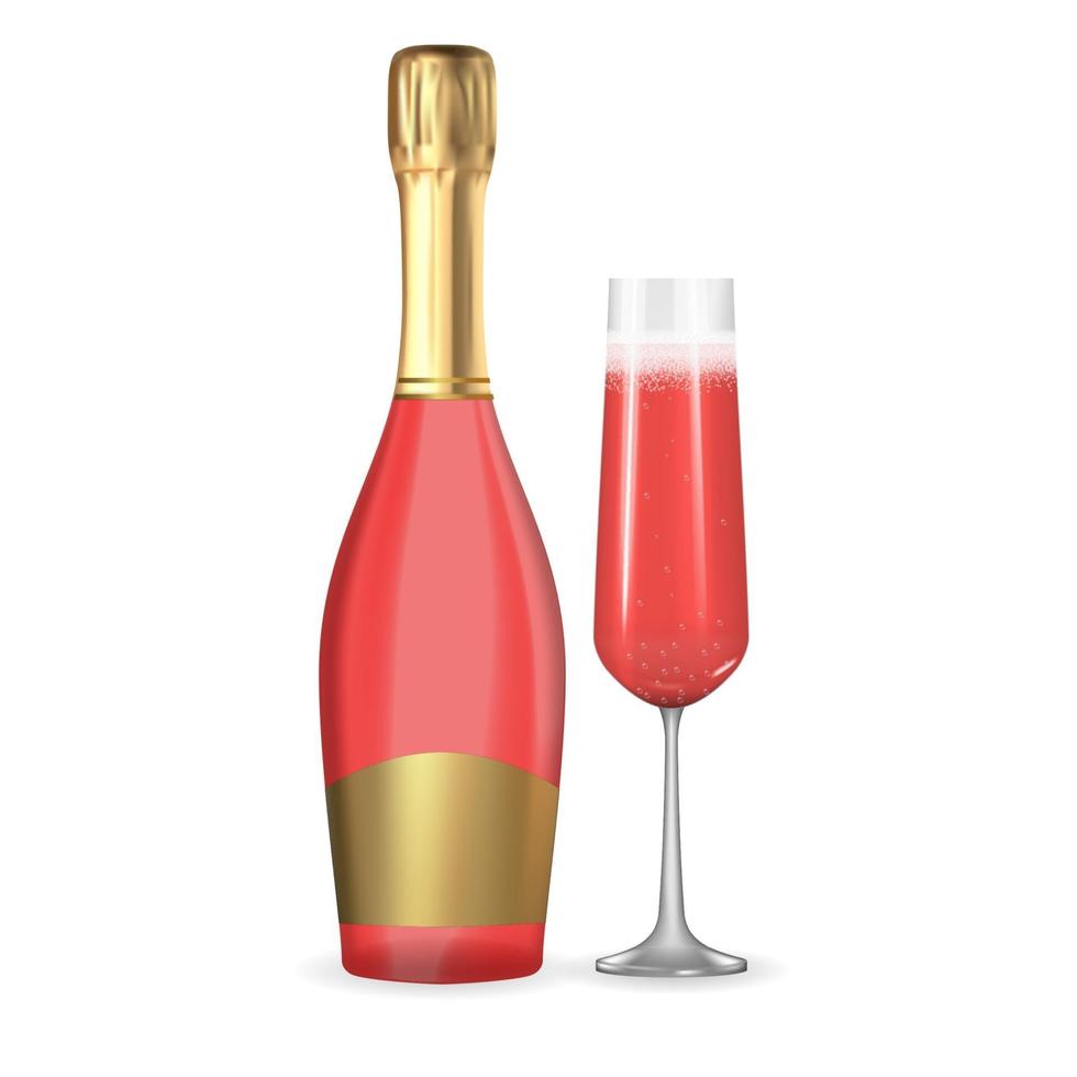 Realistic 3D champagne Rose Pink and Golden Bottle and Glass Icon isolated on white background. Vector Illustration EPS10